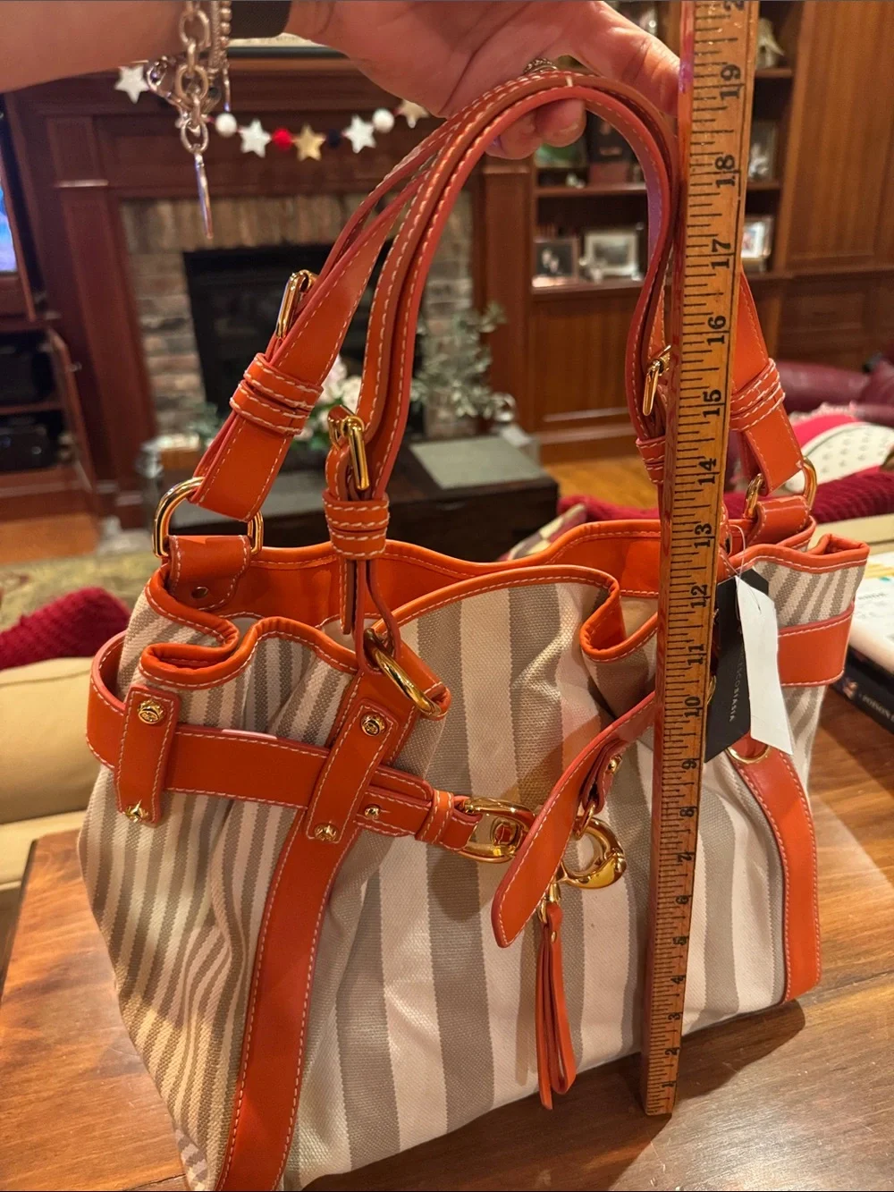 NWT Francesco Biasia Perfect Striped Canvas Leather Tote Bag Orange Luxury Italy - Picture 11 of 14